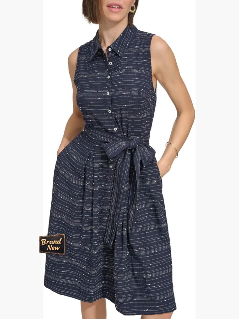 Sleeveless Stripe Gauze Point Collar Button Dress with Belt